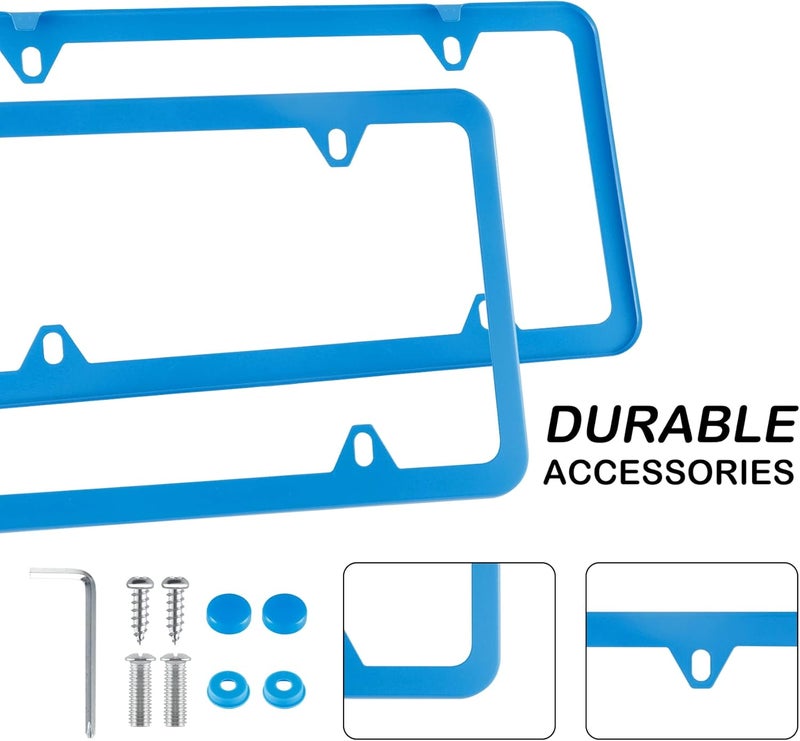 alpmosn 2PCS Stainless Steel License Plate Frames, 4 Holes Car Licence Plate Covers with Screws Washers and Caps, Car Exterior Accessories, License Plate Holder for US Vehicles (Blue) - Image 3
